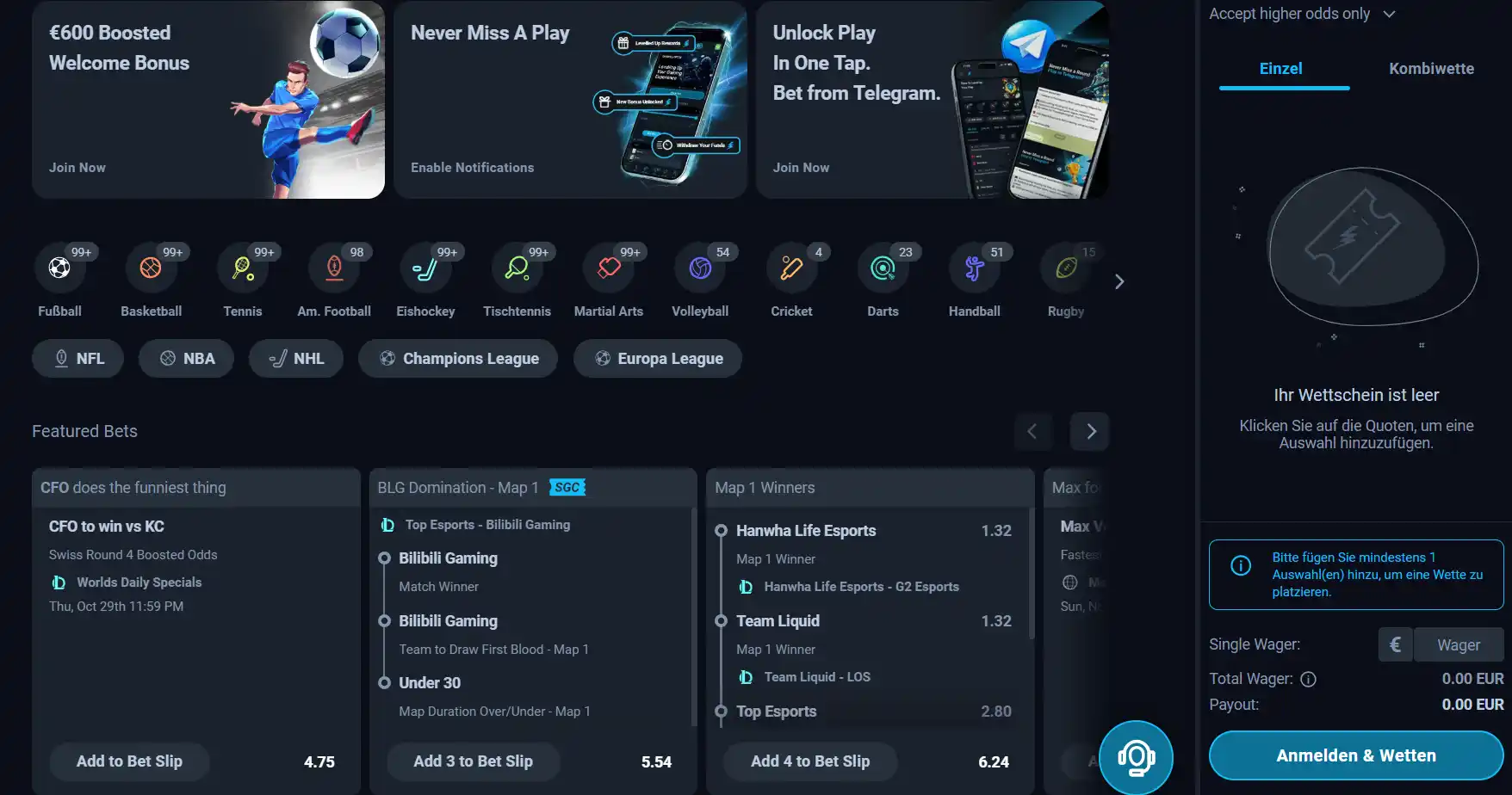 Sportwetten-Menü mit Sportarten und E-Sport-Kategorien von Thunderpick
