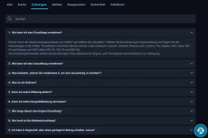Thunderpick-Hilfebereich mit Kryptowährungen und Blockchain-Bestätigungen