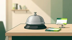 Tischglocke und geordnete Kontaktkarten auf einem Schreibtisch
