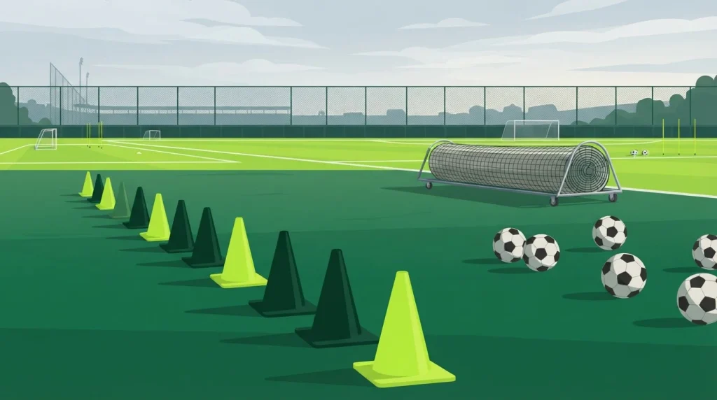 Trainingskegel, Bälle und Netze am Rand eines Sportfeldes