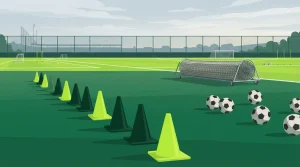 Trainingskegel, Bälle und Netze am Rand eines Sportfeldes